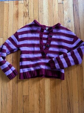 Alexa Chung Striped Maroon and Lavender Button-Front Sweater